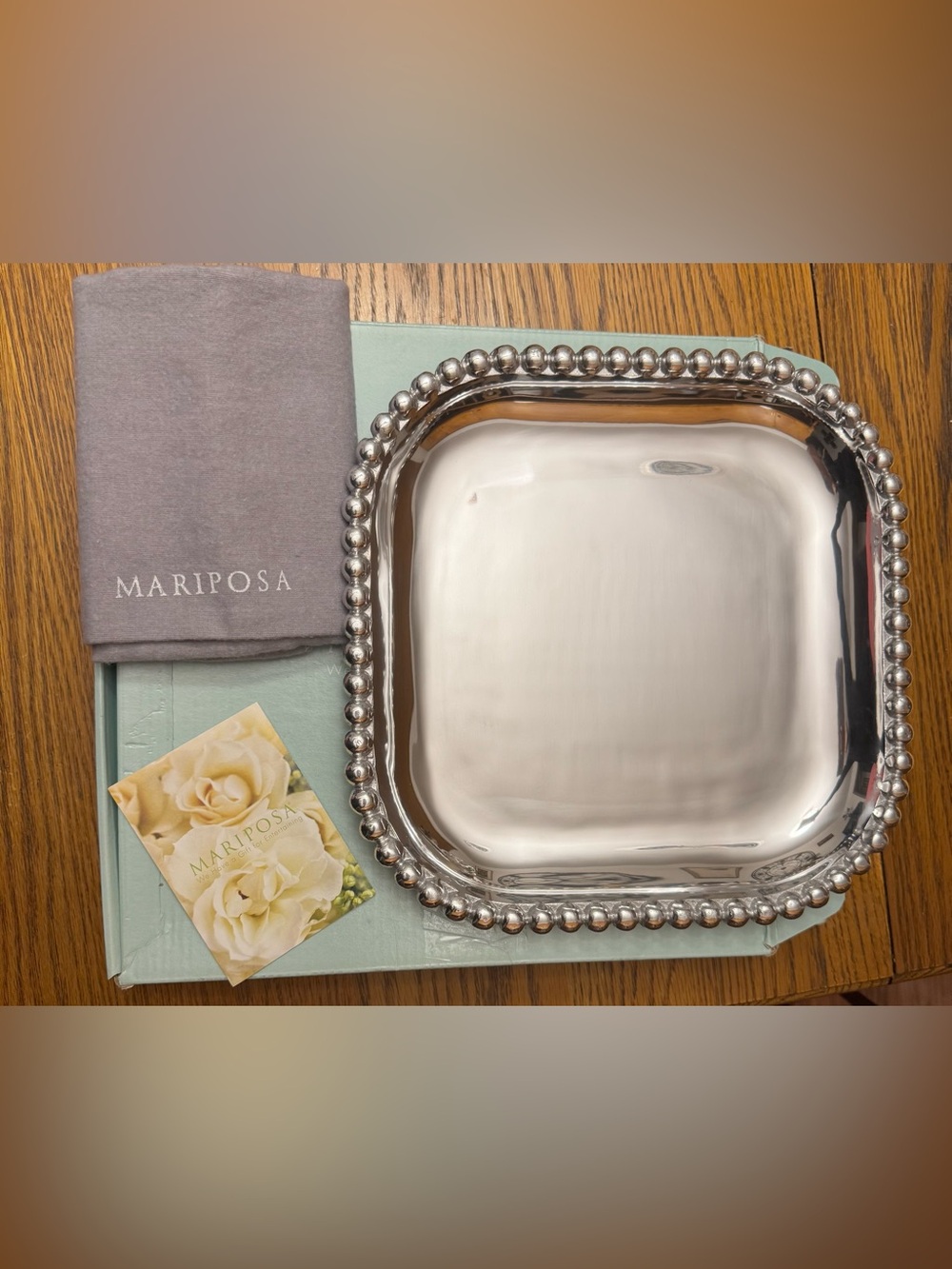 Mariposa NWT String of Pearls Square silver Platter